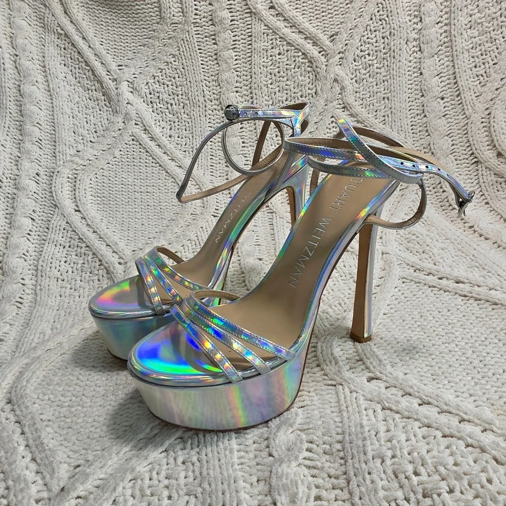 Stuart Weitzman‎ Soiree 145 Platform Silver Holographic Heels Sandals 7.5 NEW